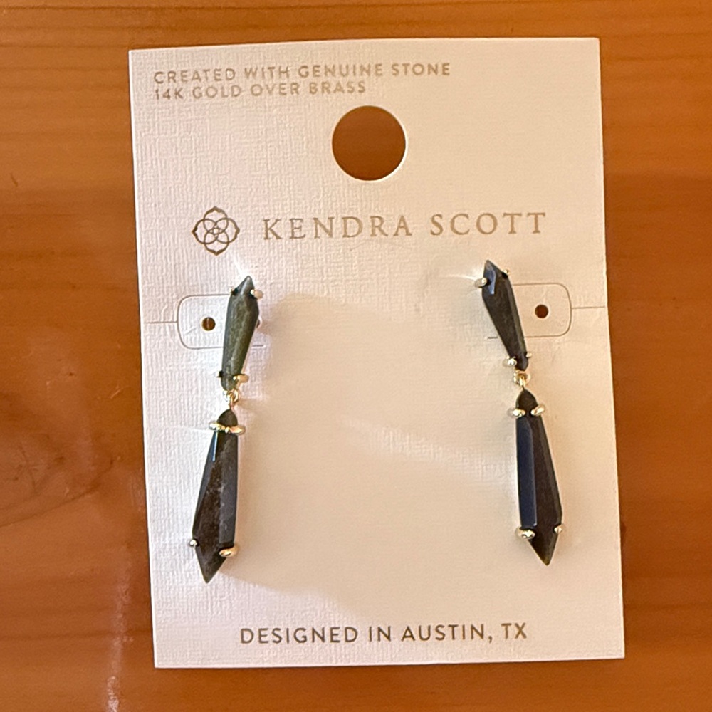 Kendra Scott Indie Statement Linear Drop Geo Earrings - Gold Sheen Obsidian NWT - Picture 4 of 4